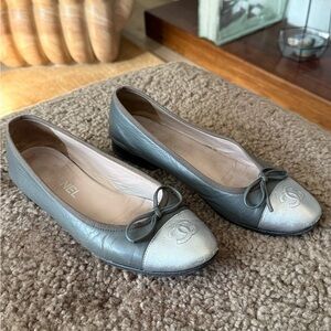 CHANEL Two-Tone Gray and Silver Cap-Toe Ballet Flats